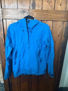 REI eVent Waterproof Rain Jacket Women Blue Hooded Hiking Shell 826024, Size S